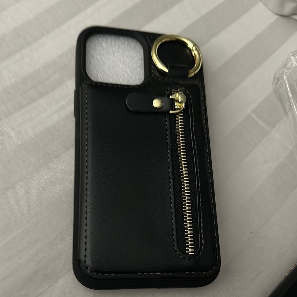 Black and Gold Phone Case with Zipper and Ring Holder